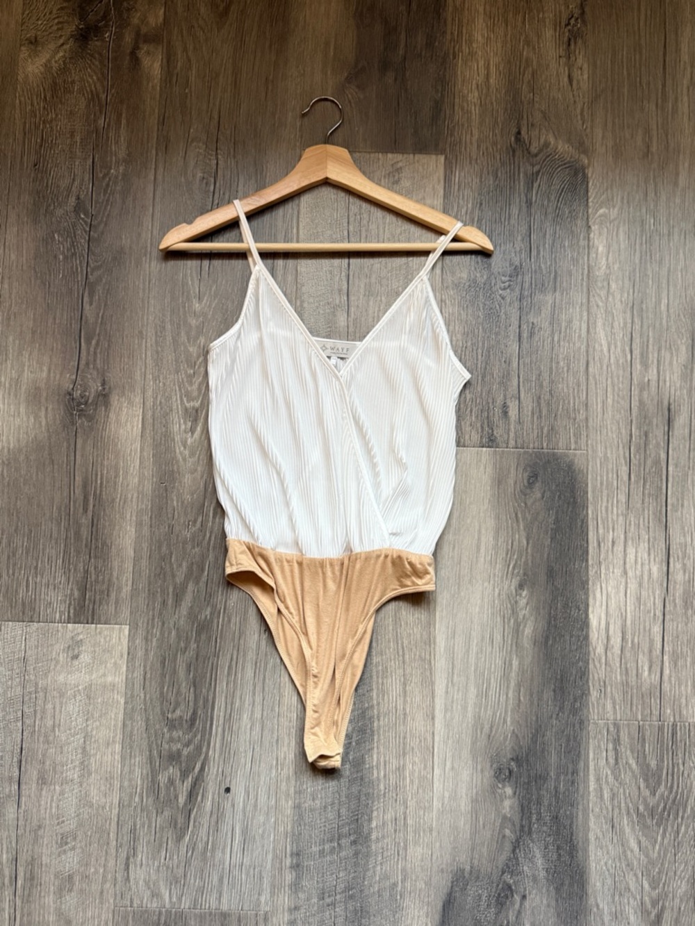 Wayf White and Tan Ribbed Spaghetti-Strap Bodysuit